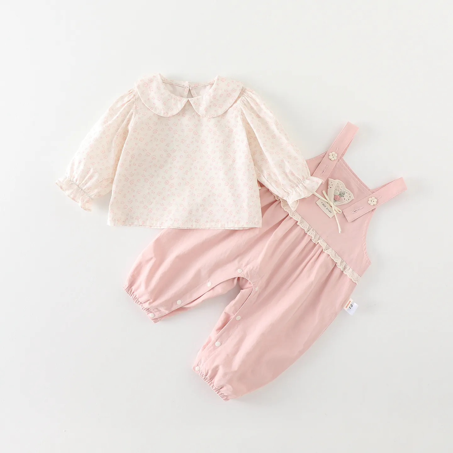 Baby Girl Spring Cotton Clothing Set Floral Long Sleeve Shirt Pink Lace Overalls Two Piece Outfits Peter Pan Collar Infant Jumpsuit