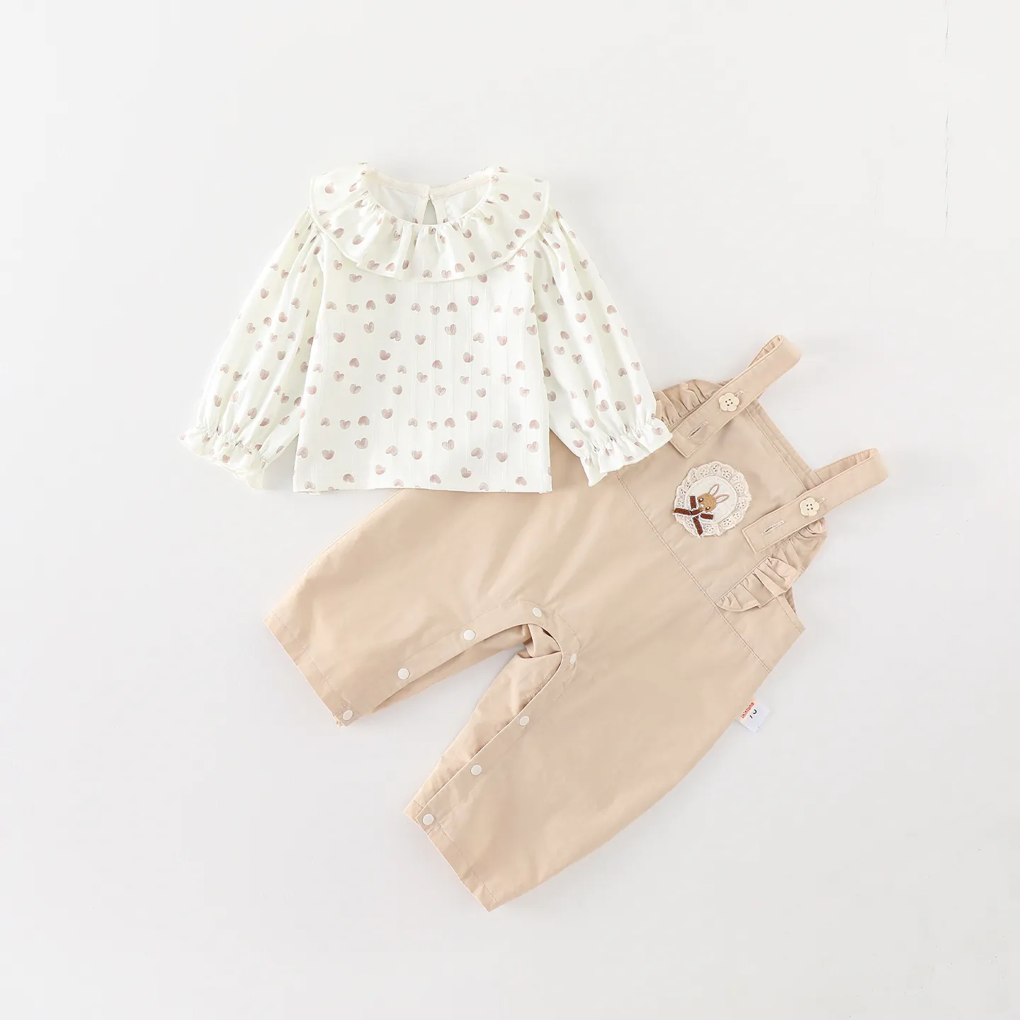 Set Salopette Dolce per Neonata Camicia a Maniche Lunghe con Stampa a Cuore e Pantaloni con Ricamo a Coniglio Primavera