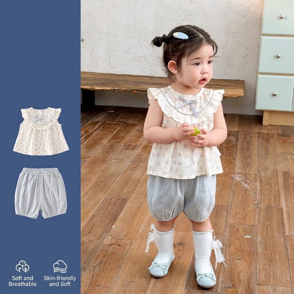 Girl Summer Cotton Floral Sleeveless Shirt With Ruffled Bow And Lantern Shorts Casual Princess Two Piece Clothing Set
