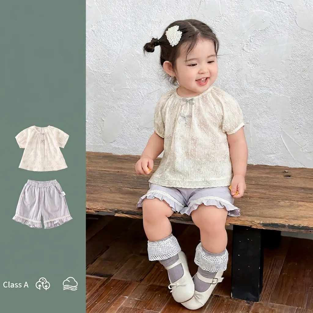Kleinkinder Mädchen Sommer Baumwolle Blumen Spitze Kurzarm Top Und Lila Rüschen Shorts Set Stücke Casual Koreanischen Stil Outfit