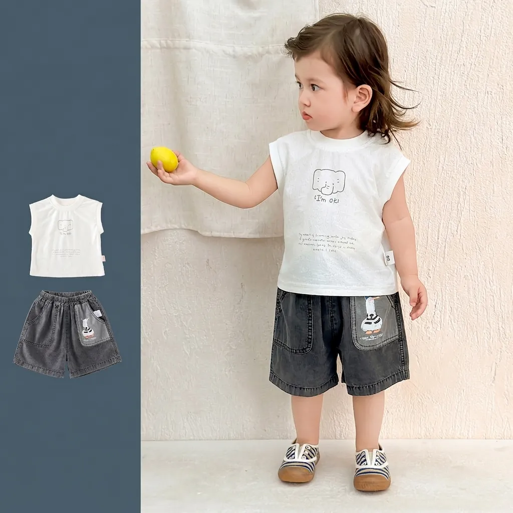 Set di Abbigliamento Estivo per Neonati T-Shirt Senza Maniche in Cotone con Elefante e Pantaloncini in Denim Casual