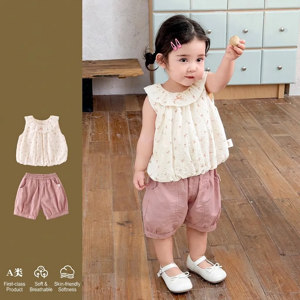 Kleinkinder Mädchen Sommer Kleidung 100 Prozent Baumwolle Blumenmuster Ärmelloses Puppenshirt Und Rosa Laterne Shorts Outfit