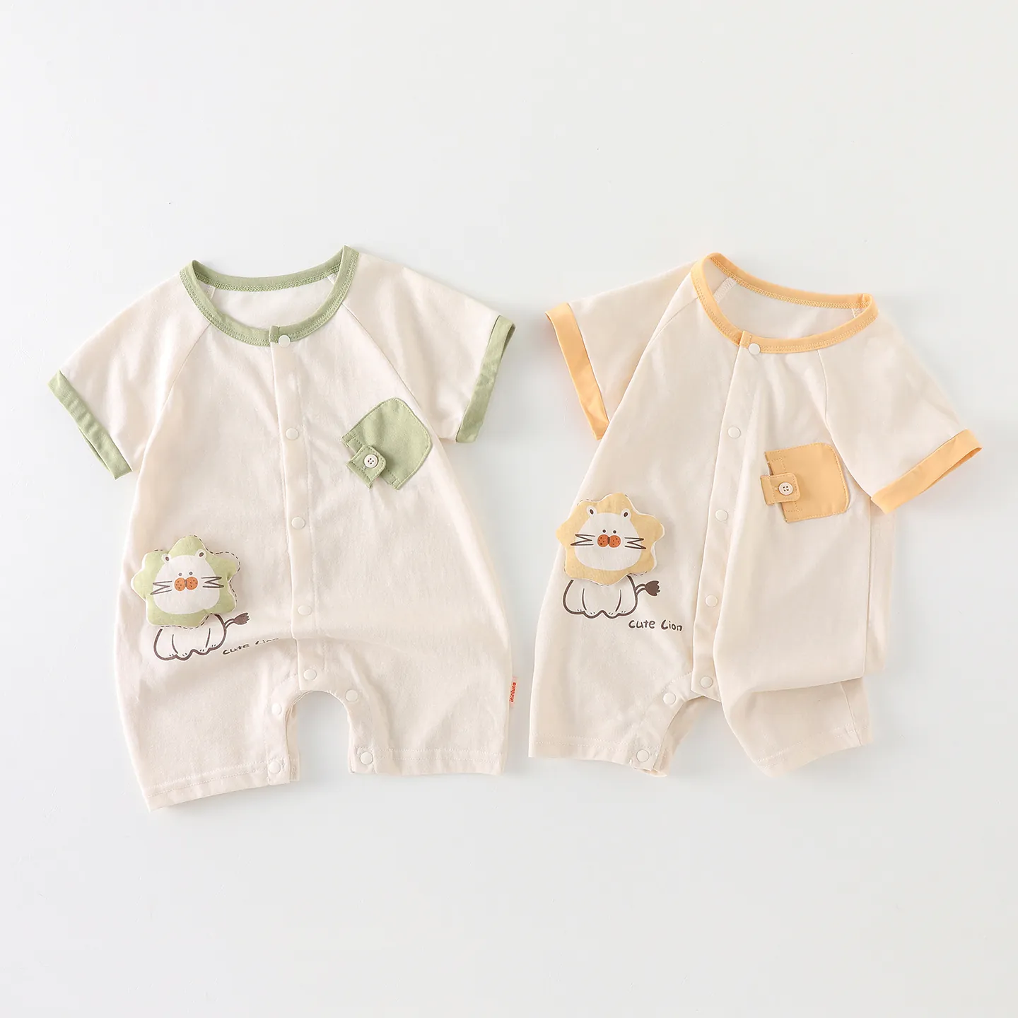 Barboteuse Été Bébé Manches Courtes Pantalon Long en Coton Respirant Lion Dessin Animé Combinaison Une Pièce Nourrisson