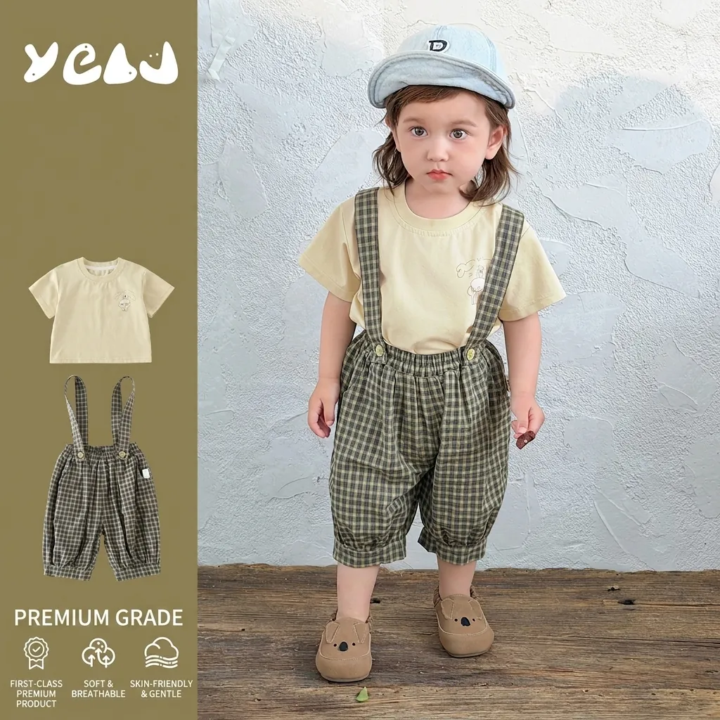 Baby Jungen Sommer Kleidung Koreanischer Stil Blassgelbes Kurzarm T-Shirt Und Grüne Karierte Hosenträger Shorts Baumwolle Outfit