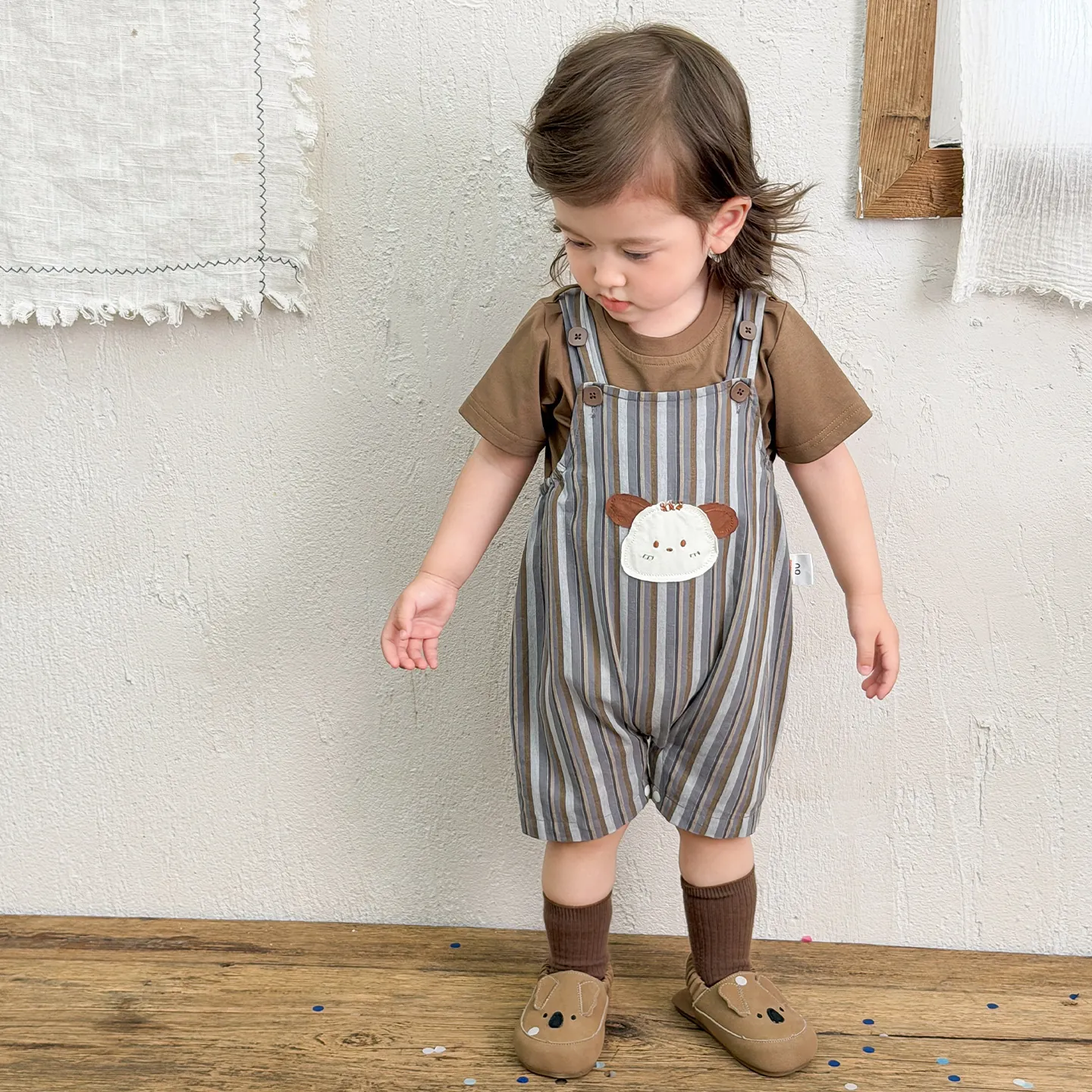 Baby Boy Summer Clothing Set Cotton Short Sleeve T-Shirt And Striped Overalls 2 Piece Retro Outfit Set For Toddler
