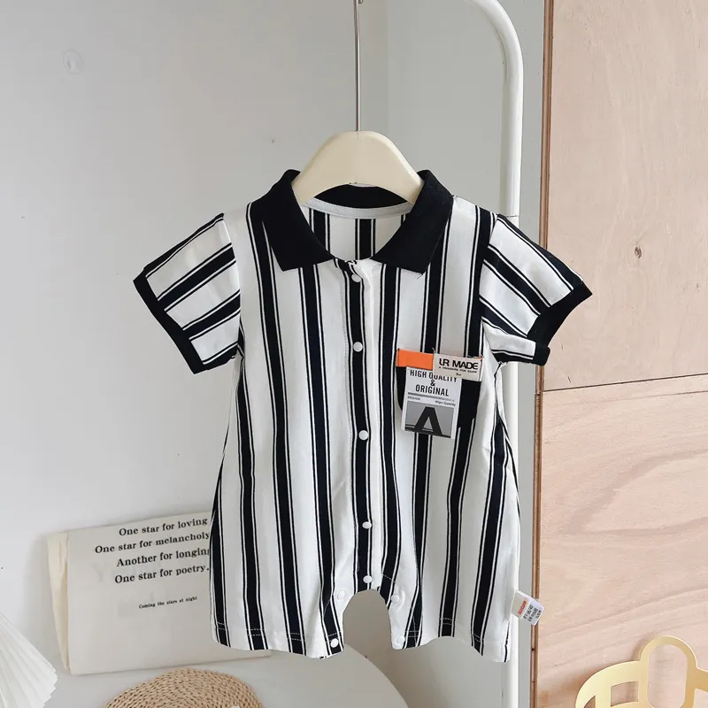 Baby Boy Summer Cotton Romper Black White Vertical Stripe Polo Collar Short Sleeve Jumpsuit Casual Infant Crawling Outfit
