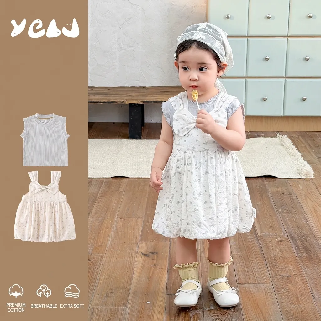 Baby Girl Summer Floral Strap Dress And Ribbed Sleeveless Ruffle Top Korean Style Cotton Outing Clothing For Infants