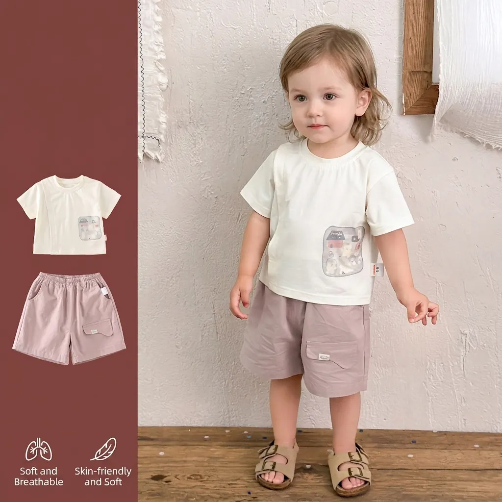 Ensemble d'Été en Coton pour Garçons T-Shirt à Manches Courtes Imprimé Dessin Animé et Short Cargo Haut et Bas