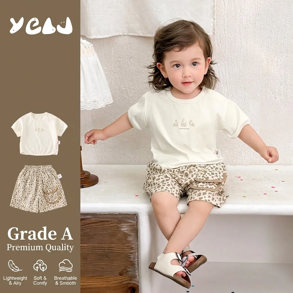 Completo Estivo in Cotone per Neonati e Bambini Maglietta con Orso Cartone Animato e Pantaloncini Leopardati Morbido Completo Traspirante per Ragazzi Ragazze