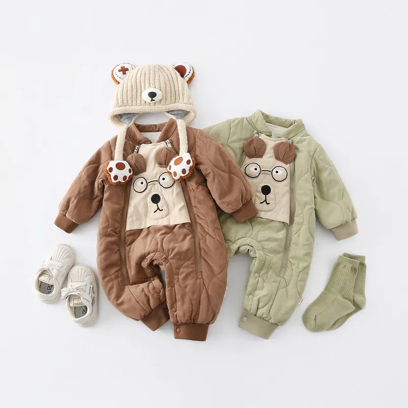 Newborn Baby Boy Quilted Padded Romper Winter Warm Double Zipper Jumpsuit Bear Embroidery Long Sleeve Infant Bodysuit