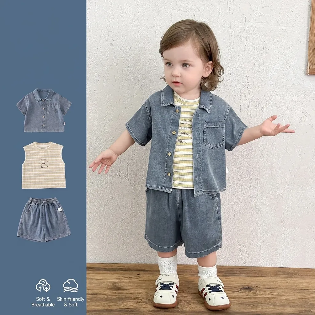 Chemise en Denim Garçons Style Coréen Gilet Rayé et Short en Denim Décontracté Respirant Tenue d'Été pour Enfants Bébé Garçons