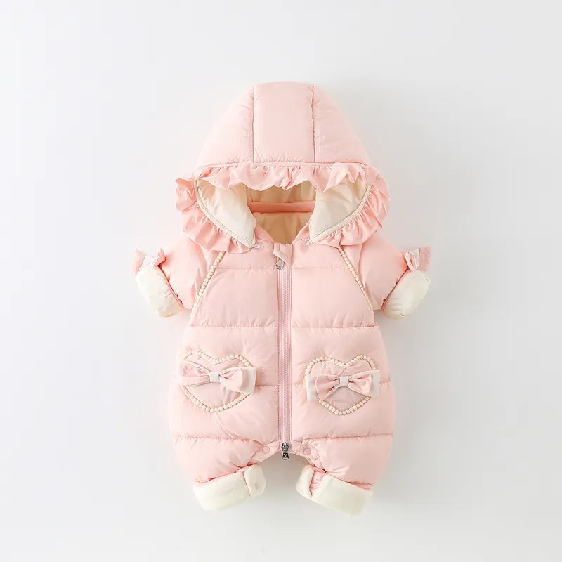 Baby Girls Winter Quilted Padded Romper Thickened Fleece Lined Hooded Jumpsuit With Heart Pockets Bowknot Polyester Snowsuit