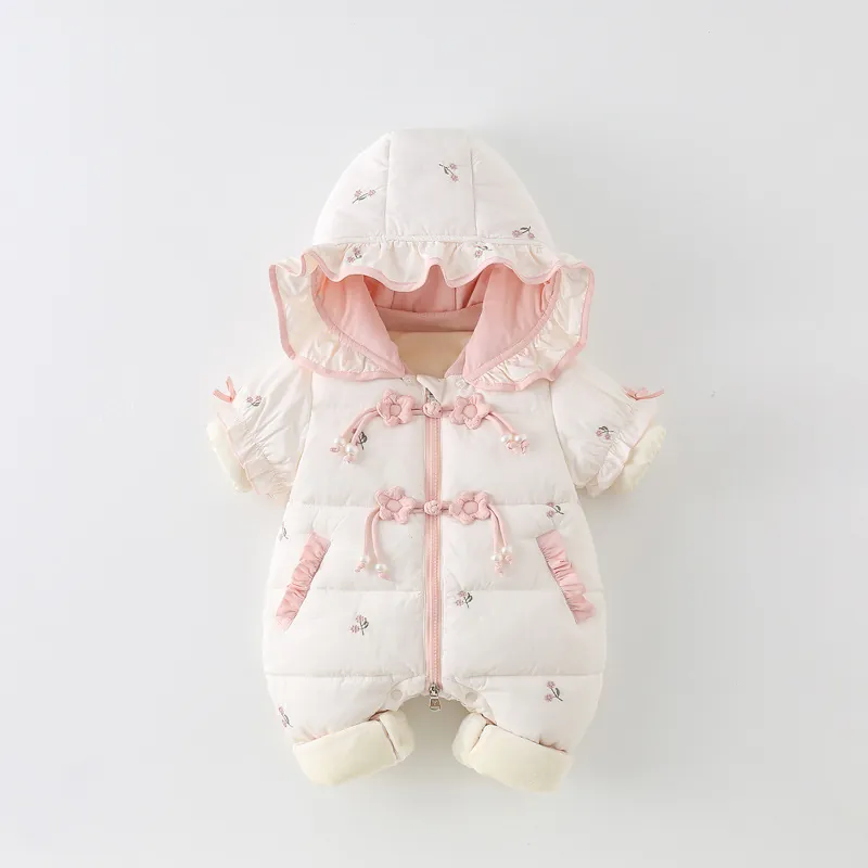 Infant Baby Girls Winter Padded Jumpsuit Floral Embroidered Hooded Fleece Romper Warm Thick Snowsuit Jumpsuit Clothing