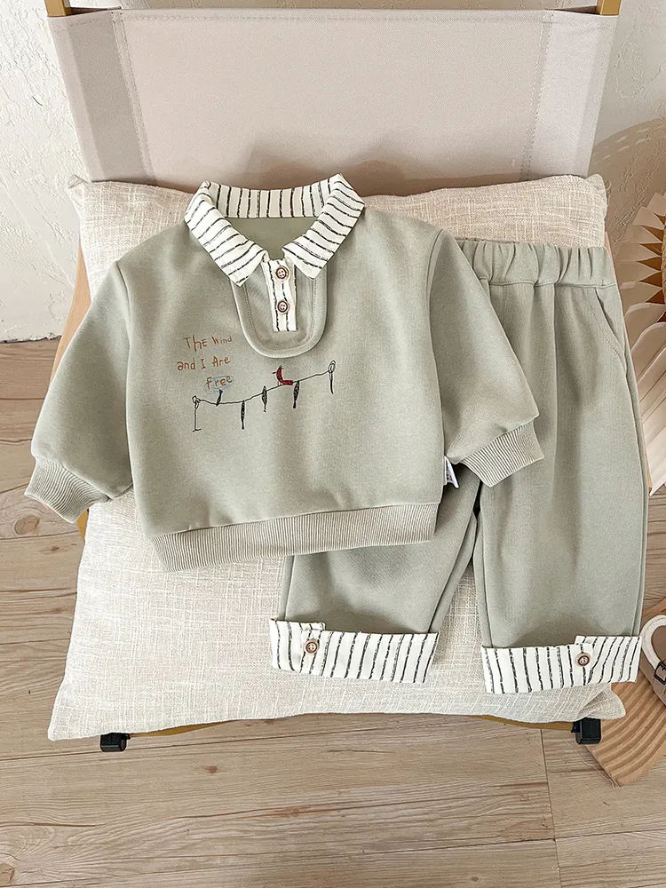 Toddler Boys Casual Cotton Blend Long Sleeve Polo Shirt And Pants Outfit Sage Green Embroidered Striped Baby Clothes