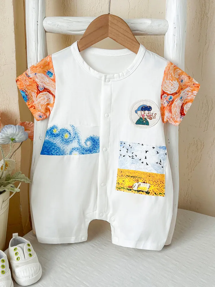 Baby Boy Summer Romper Cotton Blend Van Gogh Art Print Short Sleeve Jumpsuit Artistic Newborn Outing Clothes One Piece