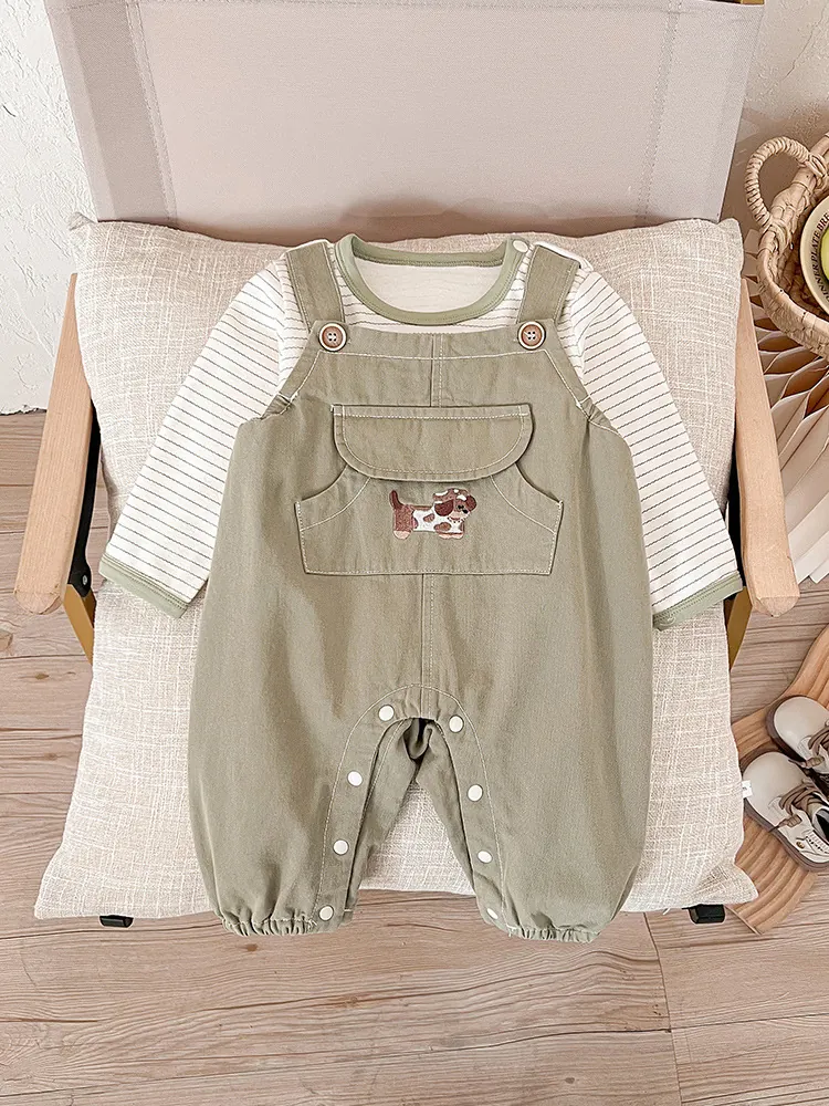 Baby Boy Spring Clothing Outfit Long Sleeve Striped Shirt and Dog Embroidery Suspender Pants Cotton Apparel for Toddlers