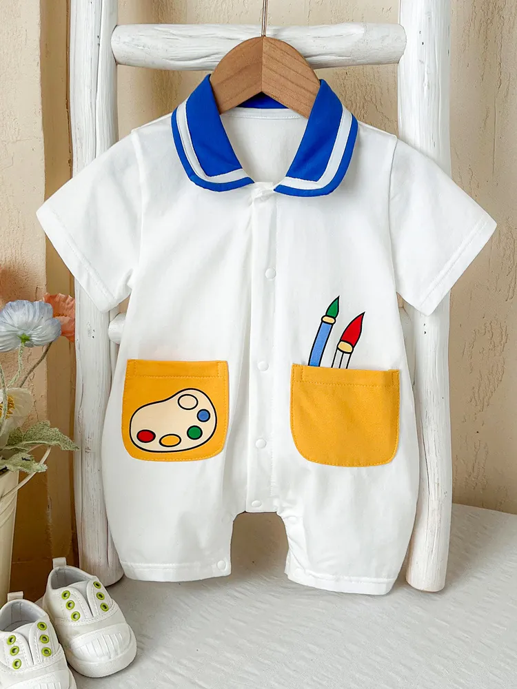 Summer Newborn Baby Short Sleeve Romper Artist Painter Theme Cotton Blend Palette Print Infant Jumpsuit Casual Clothes