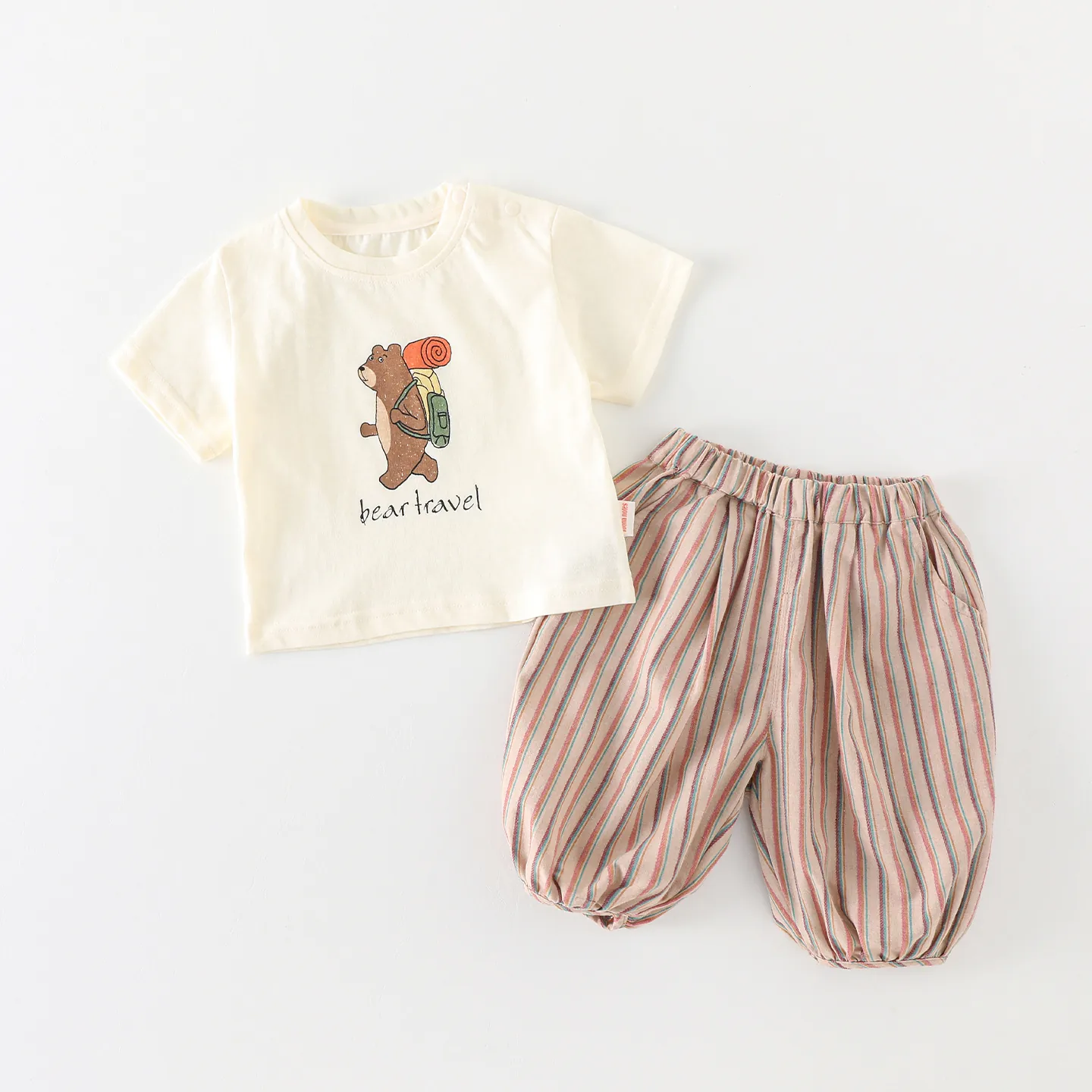 Toddler Summer Clothing Set Cartoon Bear Print Cotton Short Sleeve Top And Multicolor Striped Shorts For Boys Girls