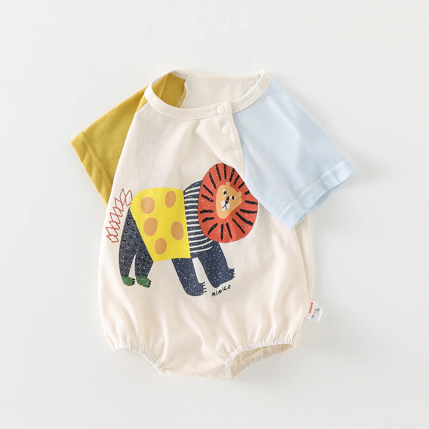 Infant Summer Cotton Blend Short Sleeve Romper Cartoon Lion Color Block Raglan Sleeve Bodysuit Baby Boy Jumpsuit