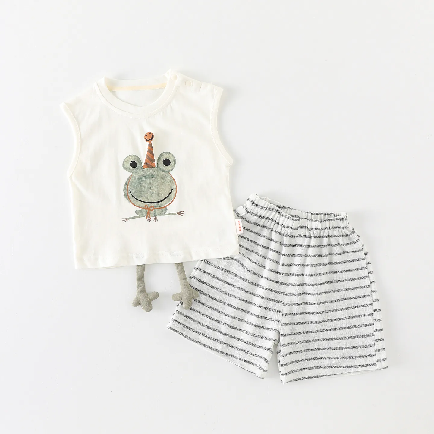 Baby Boys Summer Clothes Set Cartoon Frog Sleeveless Vest And Striped Shorts Cotton Blend Two Piece Toddler Outfit