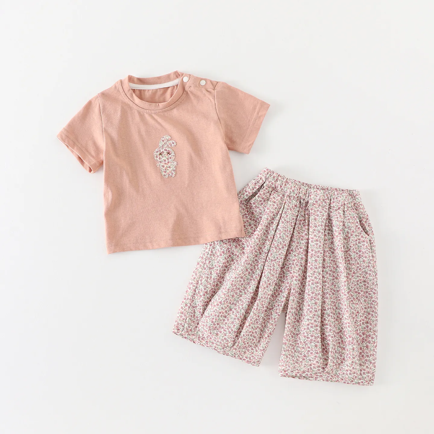 Ensemble de Vêtements d'Été pour Bébé Fille T-Shirt à Manches Courtes Avec Broderie Lapin et Pantalon Imprimé Floral