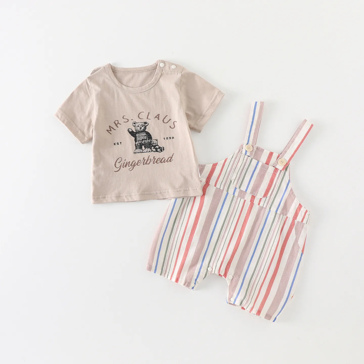 Toddler Boys Summer 2 Piece Outfit Set Bear Print Cotton T-Shirt And Multi Color Striped Overalls Shorts Casual Baby Clothes
