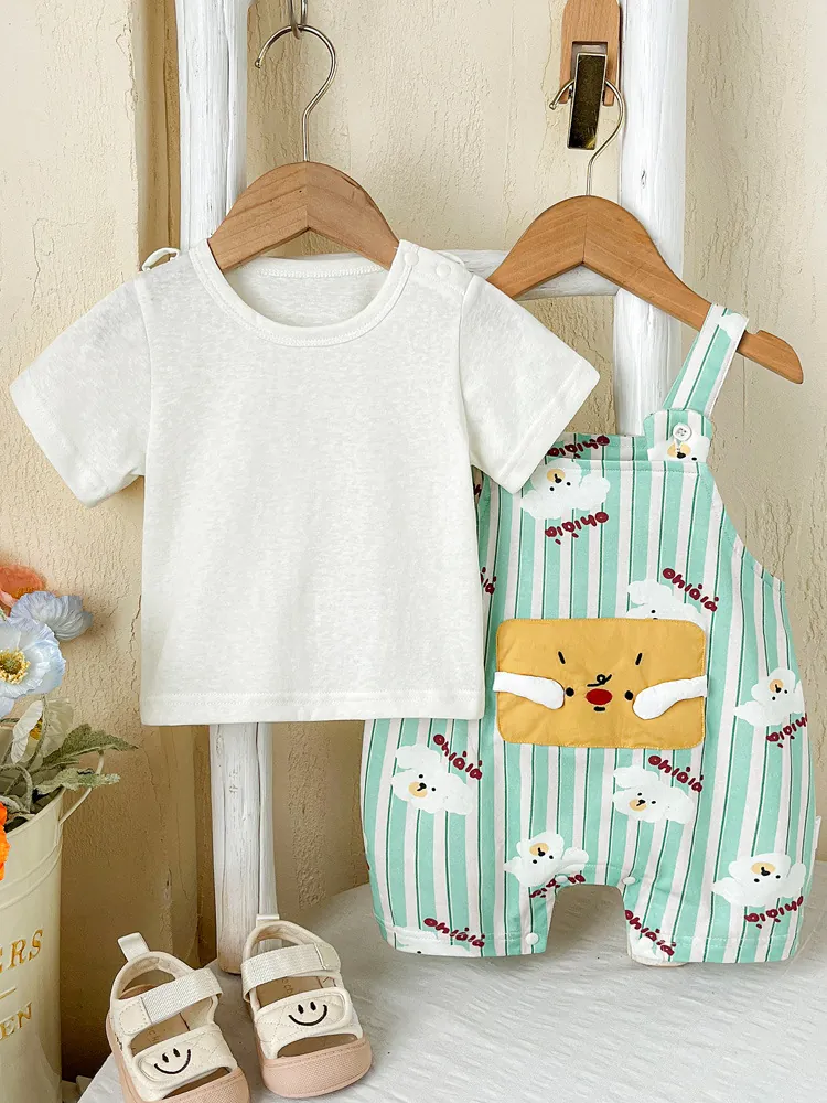 Baby Summer Cotton Clothing Set Printed White Short Sleeve T-Shirt Striped Cartoon Dog Overalls Infant Toddler Outfit