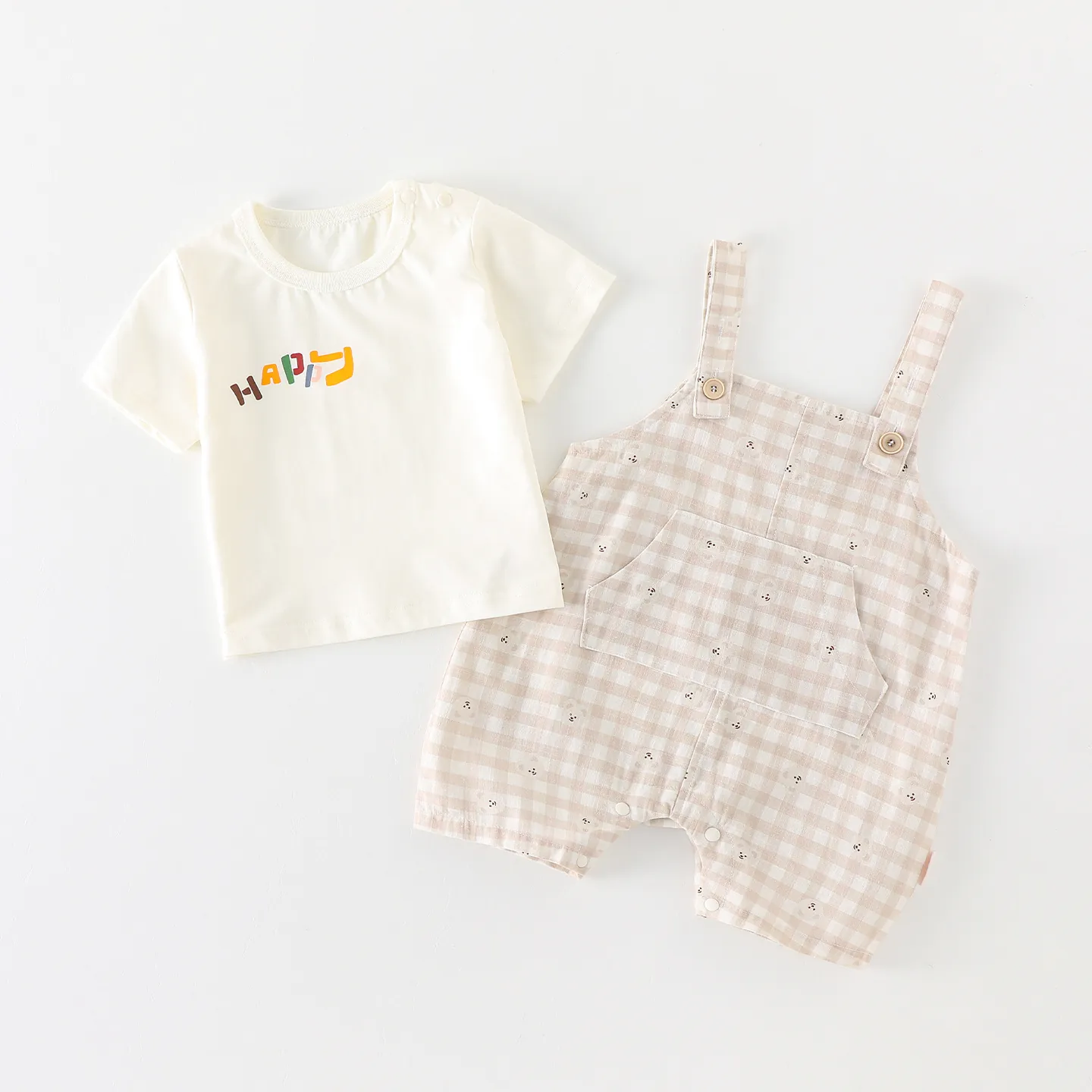 Baby Summer Clothing Set Infant Short Sleeve Cotton T-Shirt And Gingham Bear Suspender Shorts Two Piece Outfit For Toddler