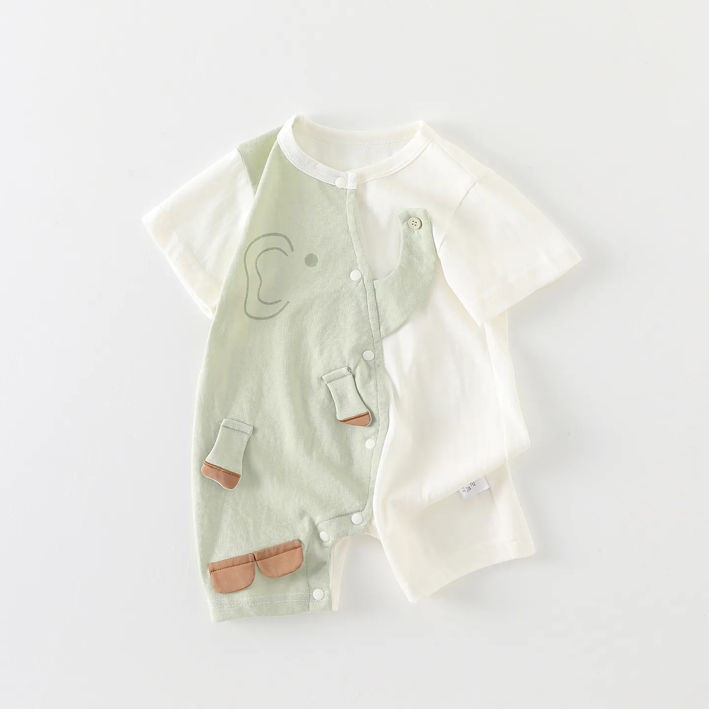 Baby Boys Cartoon Elephant Romper Cotton Blend Color Block Short Sleeve Summer Jumpsuit Outing Clothes Breathable Onesie