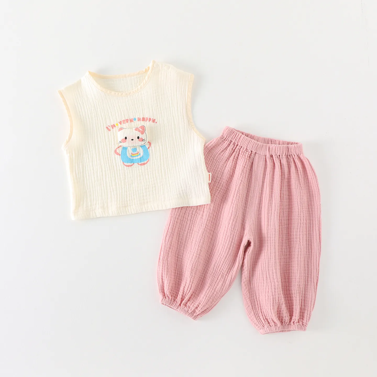 Ensemble 2 Pièces d'Été en Mousseline de Coton pour Bébé Fille Gilet Sans Manches Imprimé Chat et Pantalon Tenue Souple