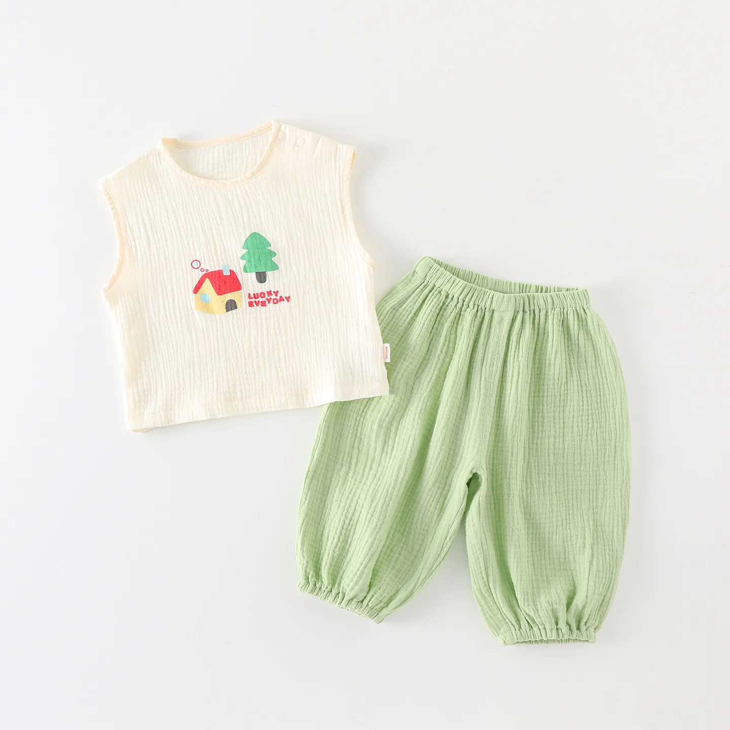 Baby Summer Cotton Gauze Clothing Set Sleeveless Vest And Lantern Pants With Cartoon House Print For Infant Toddler