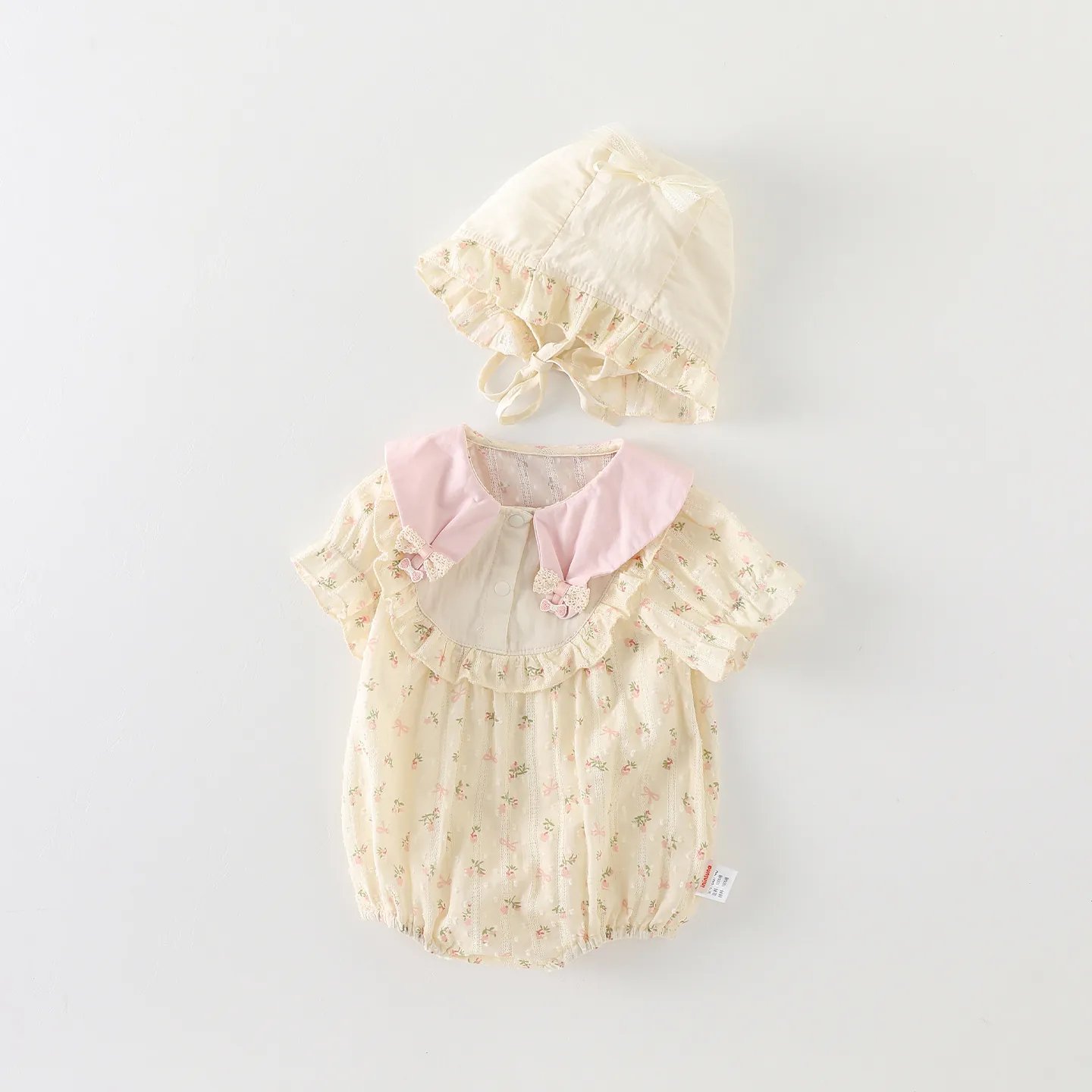 Barboteuse en Coton à Manches Courtes à Fleurs d'Été pour Bébé Fille Avec Chapeau de Soleil Assorti Col Claudine Combinaison