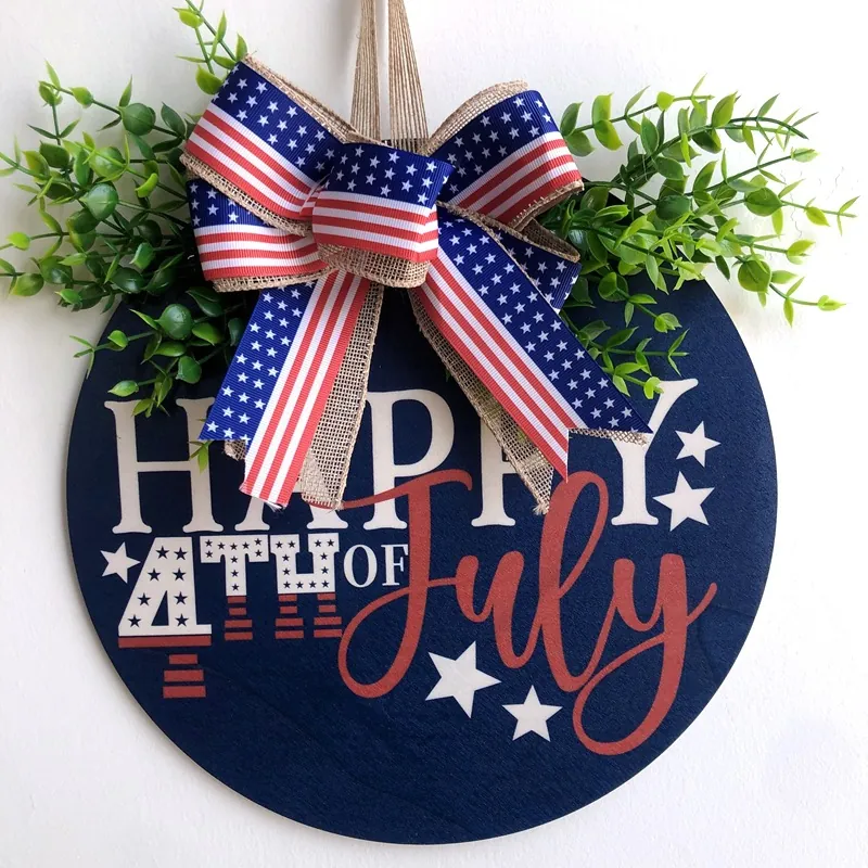Independence Day Happy 4th Of July Wood Sign Door Hanging Decor Patriotic Stars Stripes Bowknot Artificial Greenery Wall Porch Decoration