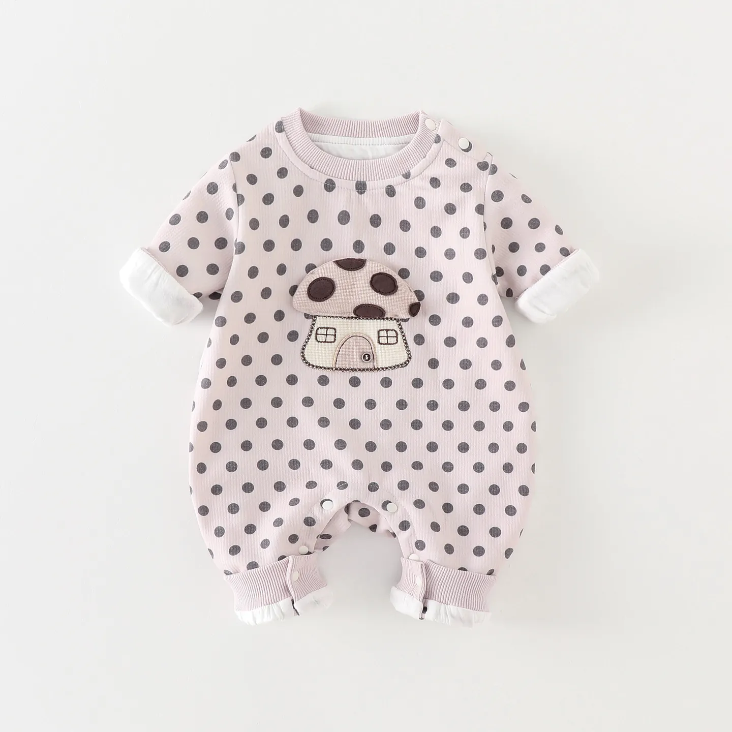 Baby Girls Long Sleeve Polka Dot Romper Cartoon Mushroom Embroidery Patch Snap Closure Comfortable Cotton Blend Jumpsuit