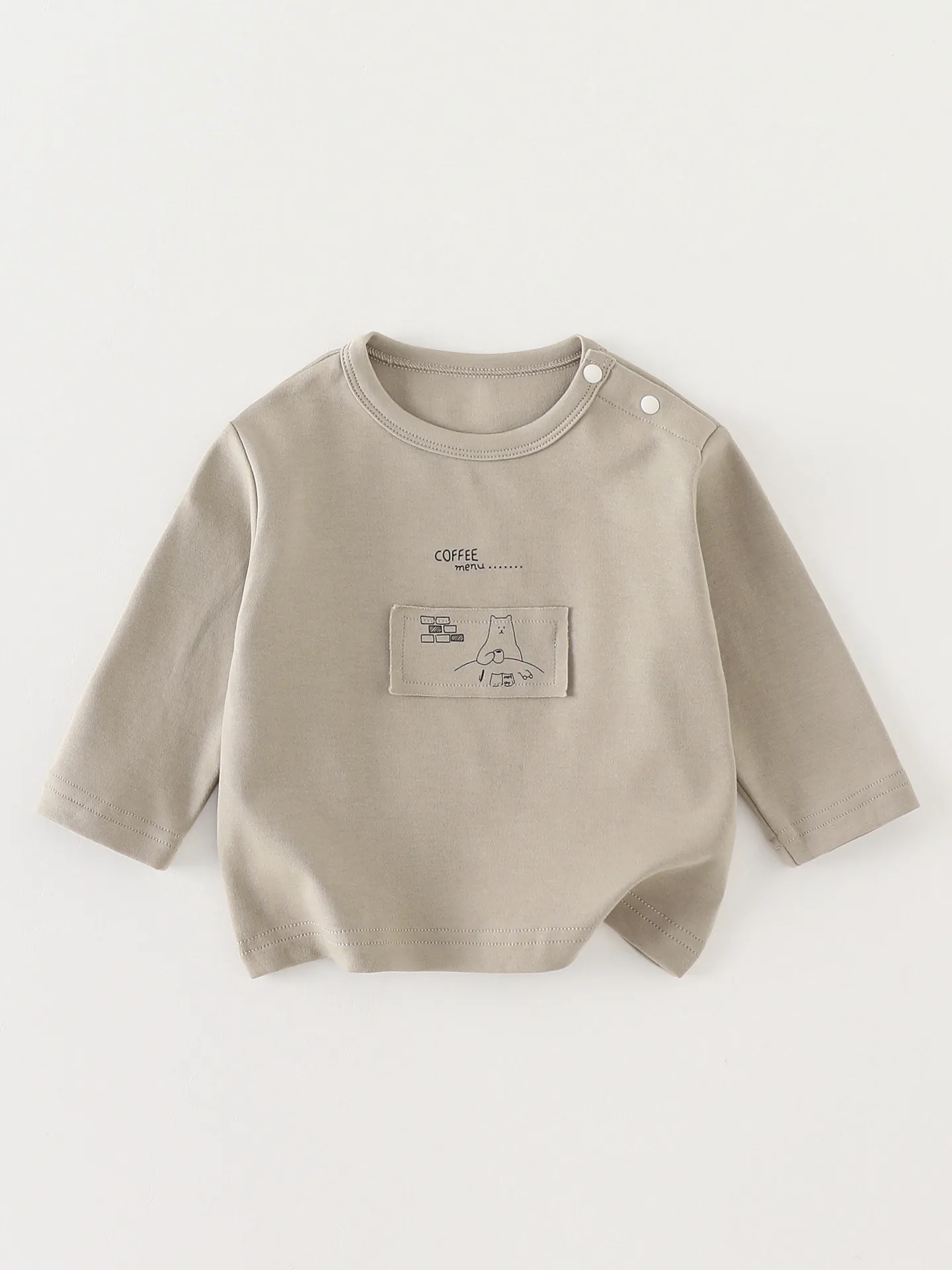 Baby Boys Long Sleeve T-Shirt Korean Style Cotton Round Neck Top With Shoulder Buttons Cartoon Bear Print Khaki Infant Base Layer