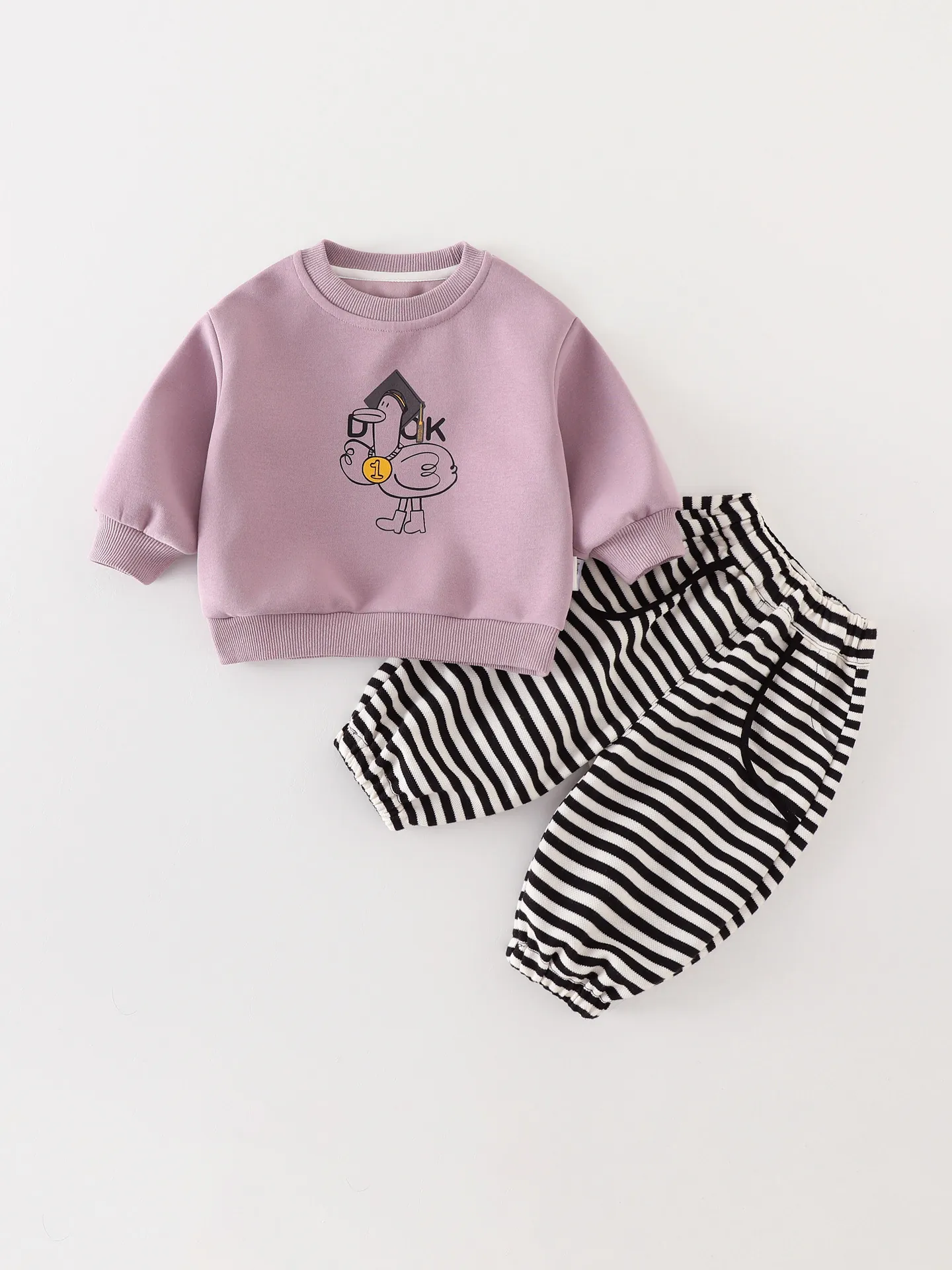 Baby Toddler Autumn Cotton Sweatshirt And Striped Pants Korean Style Cartoon Duck Long Sleeve Outfit For Kids
