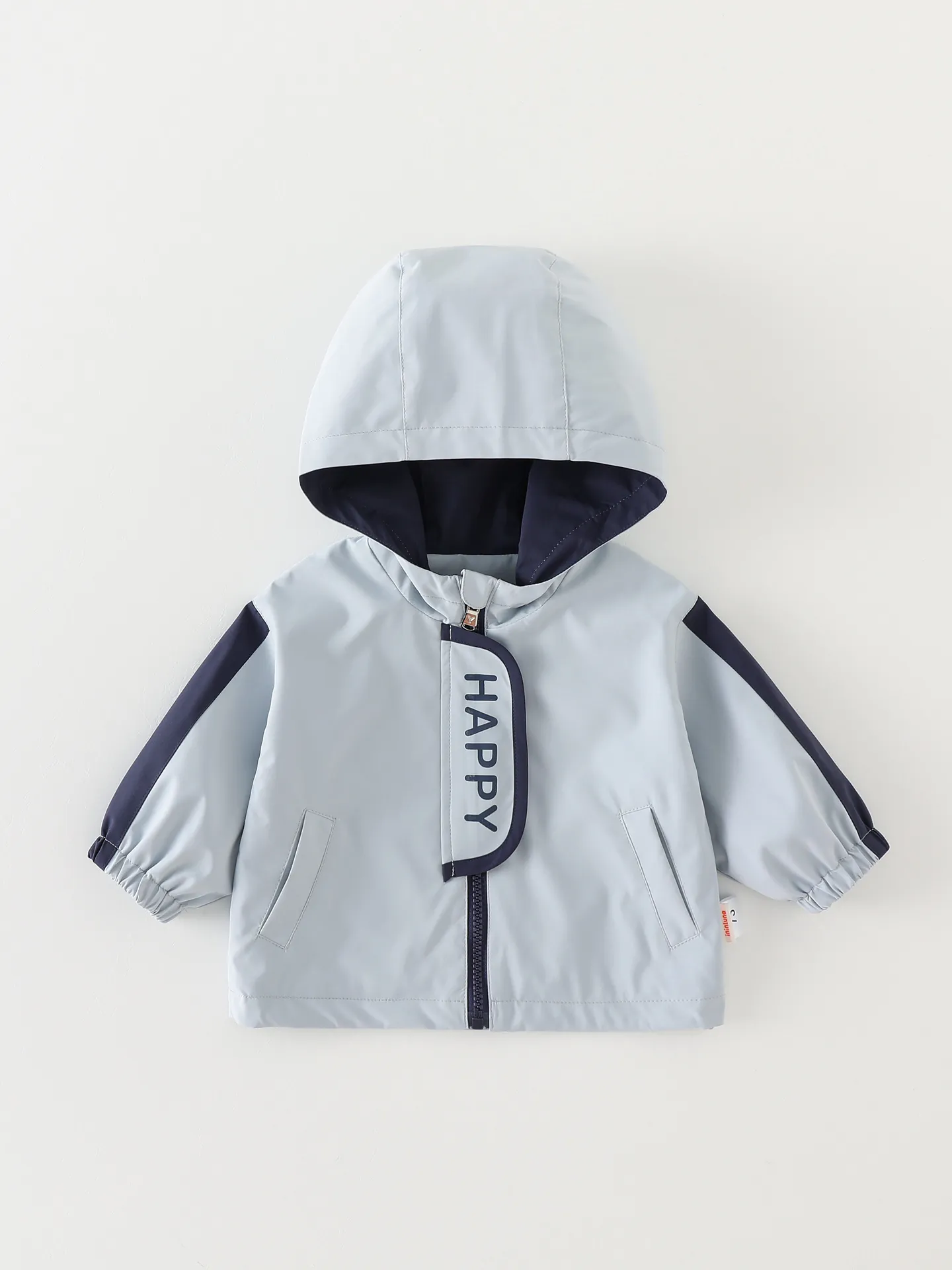 Baby Boys Hooded Windbreaker Jacket Contrast Color Letter Print Cartoon Elephant Lightweight Polyester Autumn Outerwear Coat