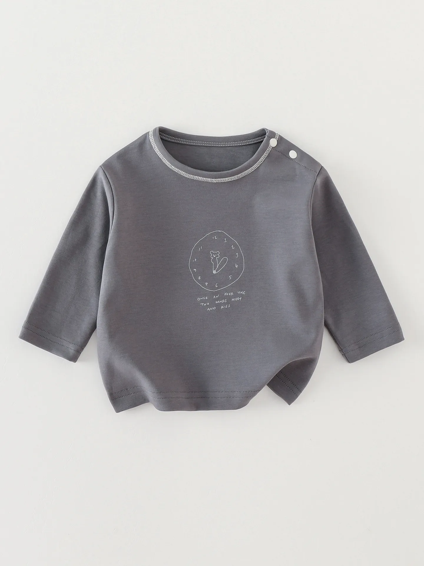 Boys Long Sleeve T-Shirt Cotton Blend Round Neck Shoulder Button Toddler Crewneck Top Bear Clock Print Pullover Tee