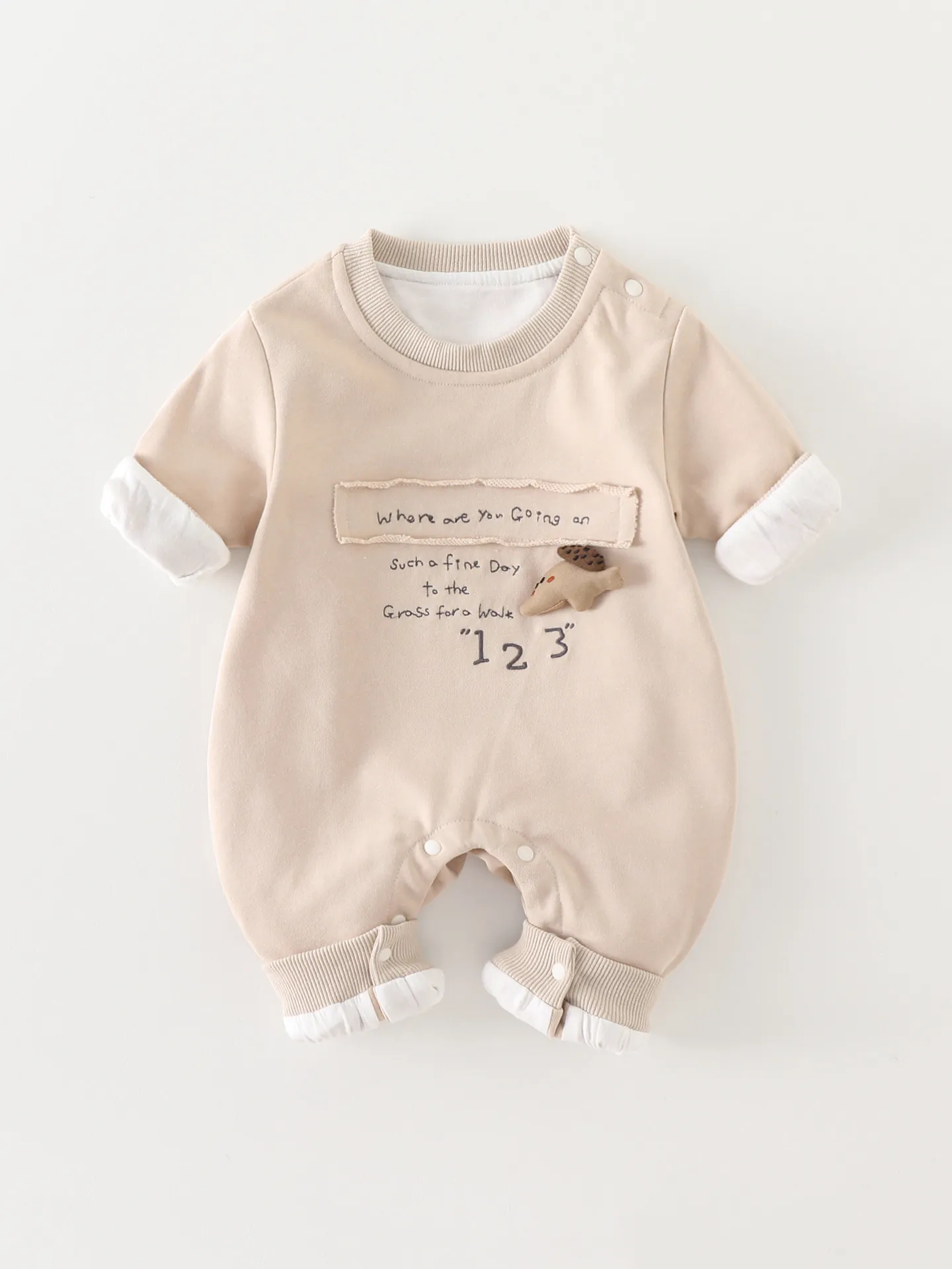 Neugeborenes Baby Strampler Jumpsuit Baumwollmischung Langarm Thermische Kletterkleidung Mit 3D Puppe Grau Für Säuglinge Frühling Herbst