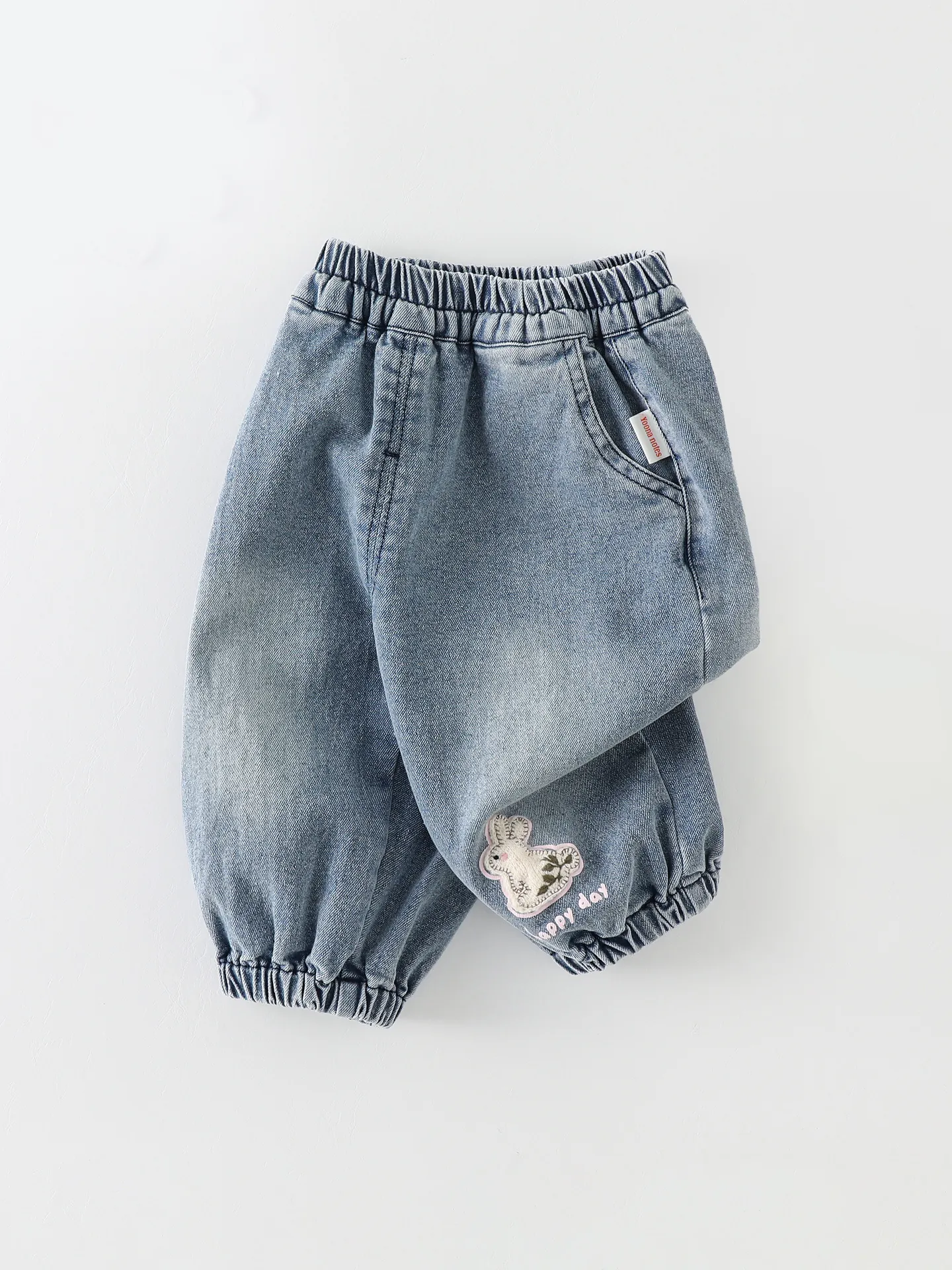 Pantalon en Denim Bébé Filles Garçons Broderie Lapin Taille Élastique Lavage Bleu Clair Mélange de Coton Jeans Enfant