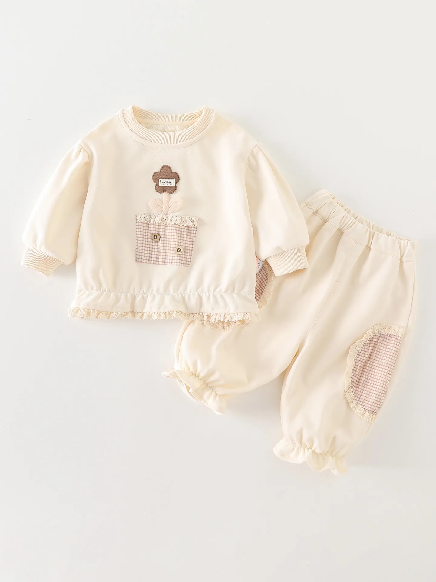 Fillettes Sweat et Pantalon Manches Longues Mélange Coton Fleurs Bordure Dentelle Tenue Décontractée pour Bébé
