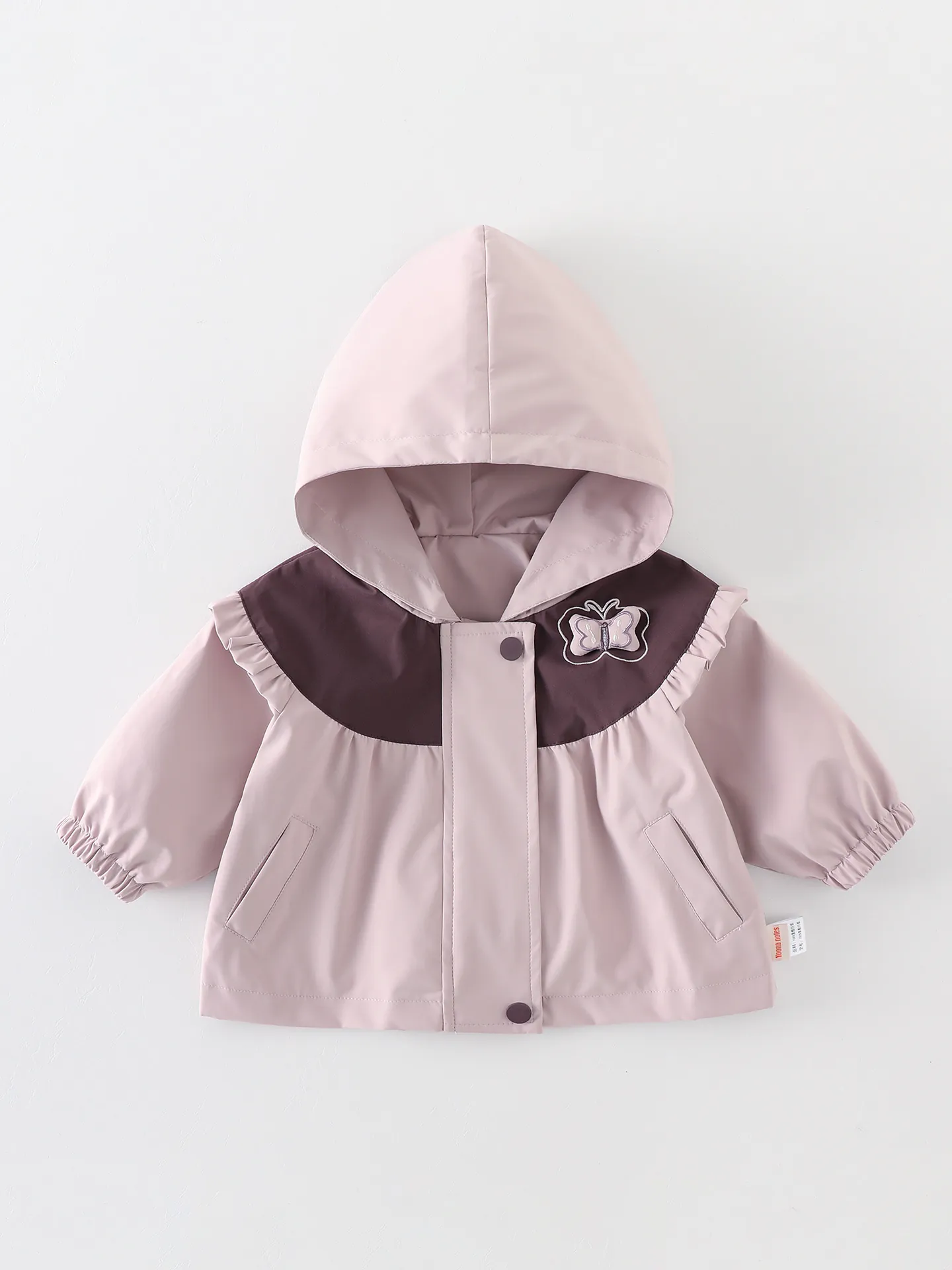 Baby Mädchen Süße Kapuzenjacke Schmetterling Stickerei Kontrastfarbe Rüschenschulter Winddicht Polyester Oberbekleidung Mantel Für Herbst