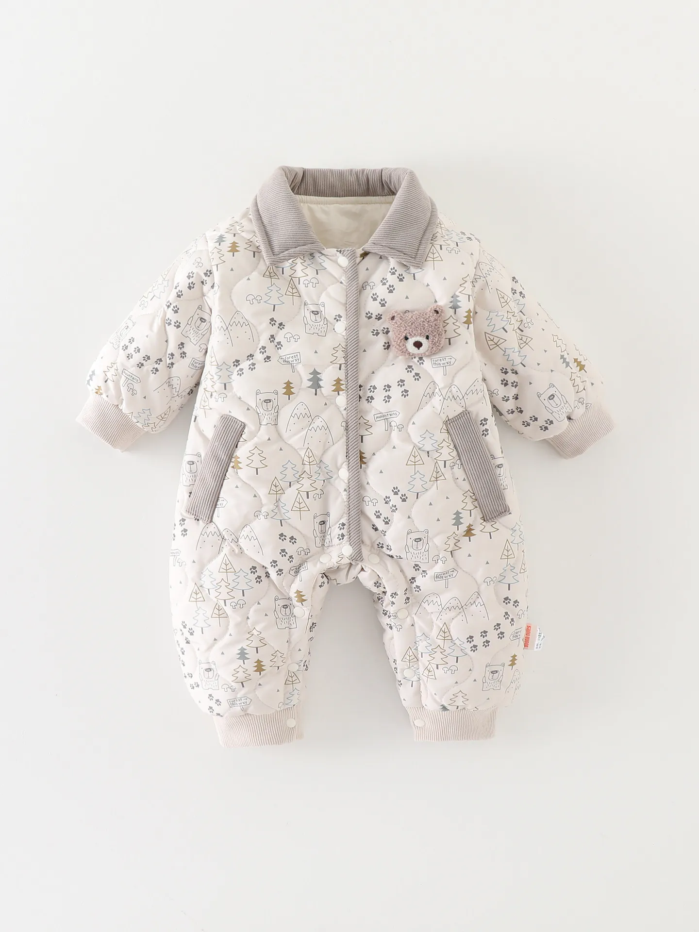Baby Thickened Quilted Romper Winter Warm Padded Jumpsuit Forest Bear Printed Cotton Blend Long Sleeve Bodysuit For Infants