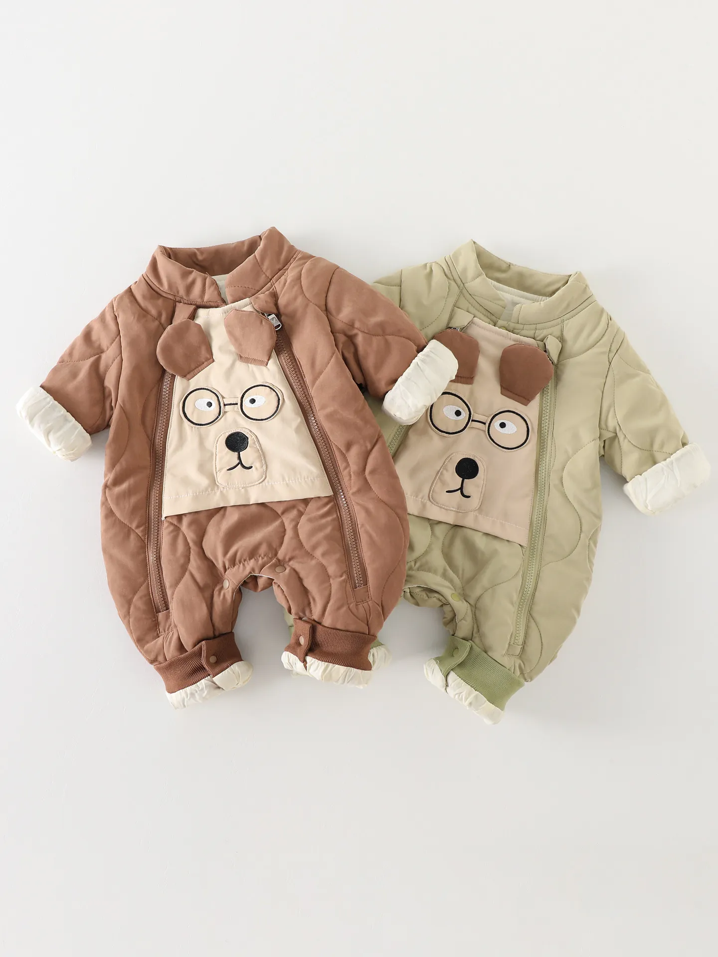Infant Baby Thickened Quilted Romper Cartoon Bear Puppy Jumpsuit Double Zipper Winter Warm Outwear For Newborn Boys Girls