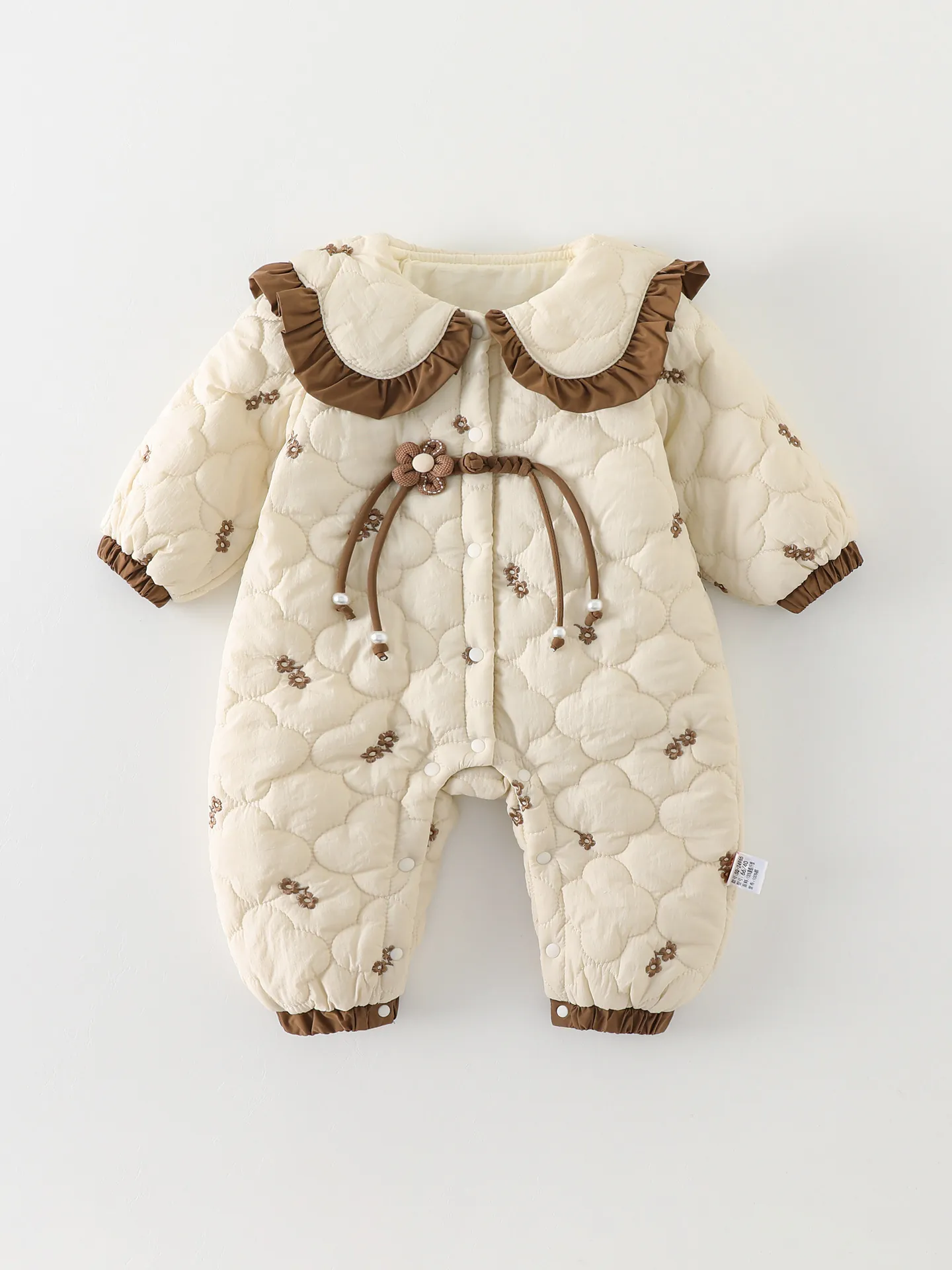 Combinaison Matelassée pour Bébé Fille Automne Hiver Barboteuse Rembourrée Vintage Fleurie Col Volanté Body Chaud