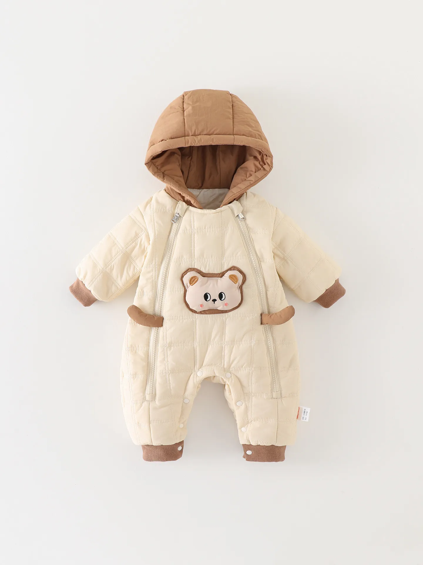 Infant Baby Winter Quilted Double Zipper Romper Jumpsuit Thick Fleece Hooded Cartoon Bear Warm Outwear For Toddler Boys
