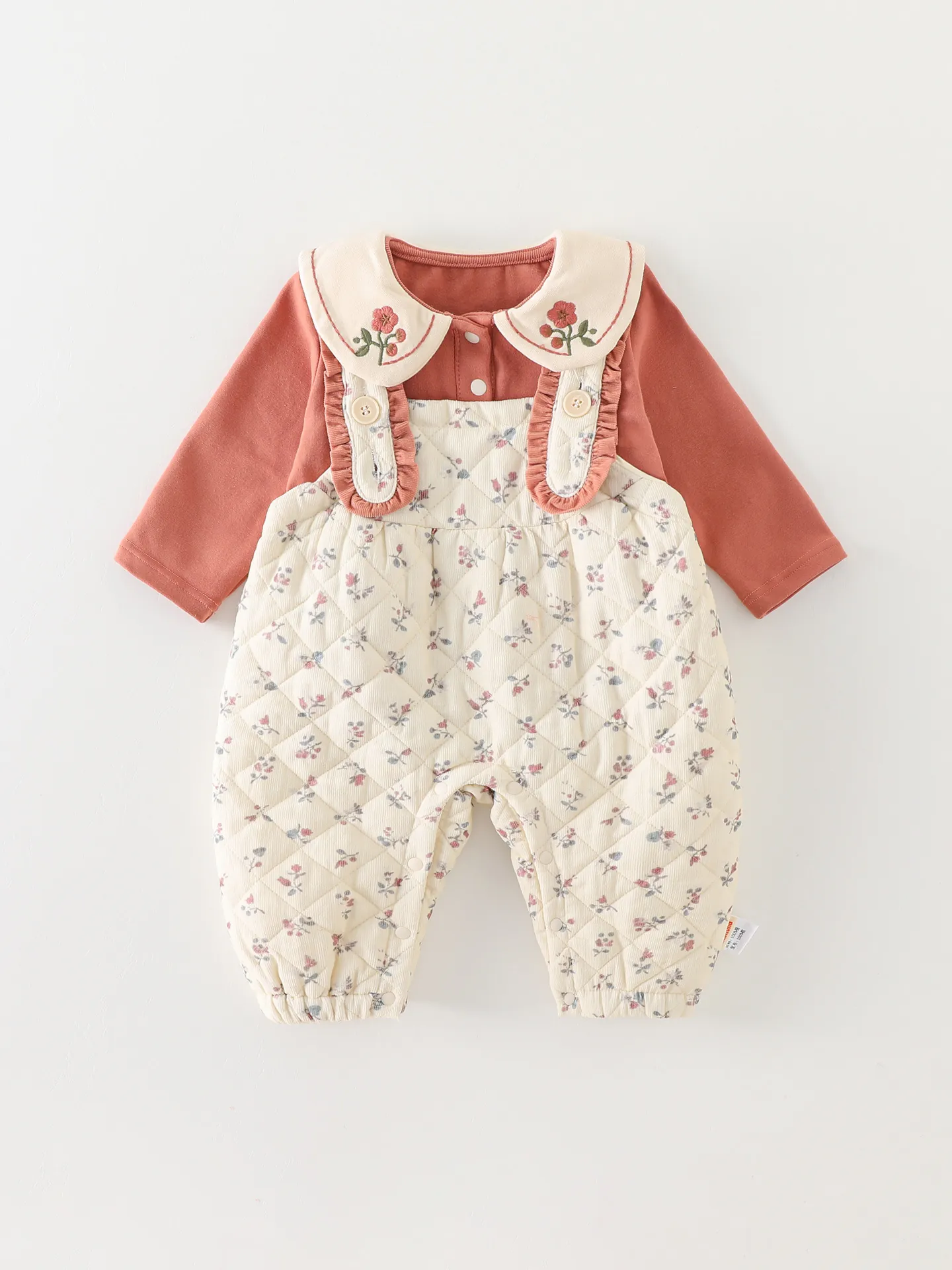 Baby Girl Floral Quilted Bodysuit Two Piece Set Peter Pan Collar Embroidered Thick Warm Winter Infant Romper Outfit