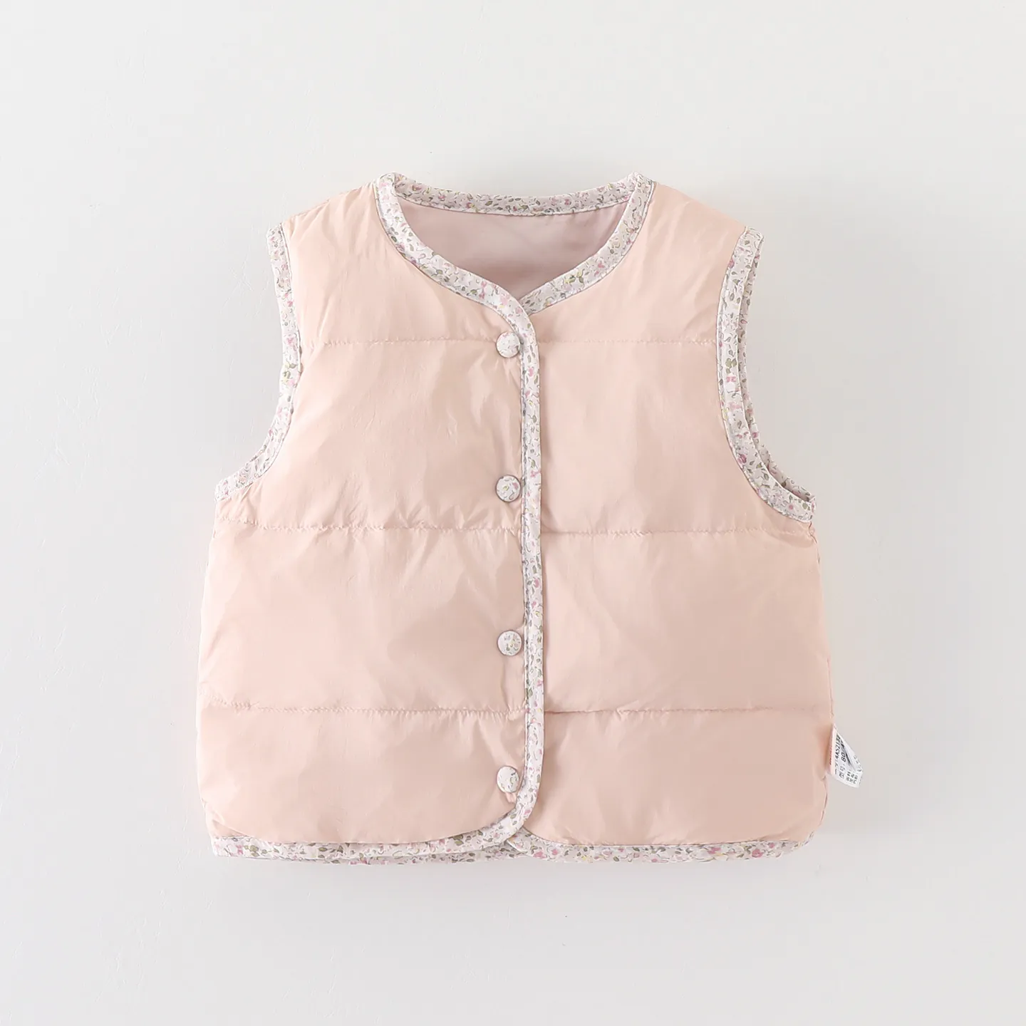 Gilet en Duvet Matelassé Rose Bébé Fille Sans Manches Col Rond Chaud Bordure Florale Gilet Rembourré Automne Hiver Enfants