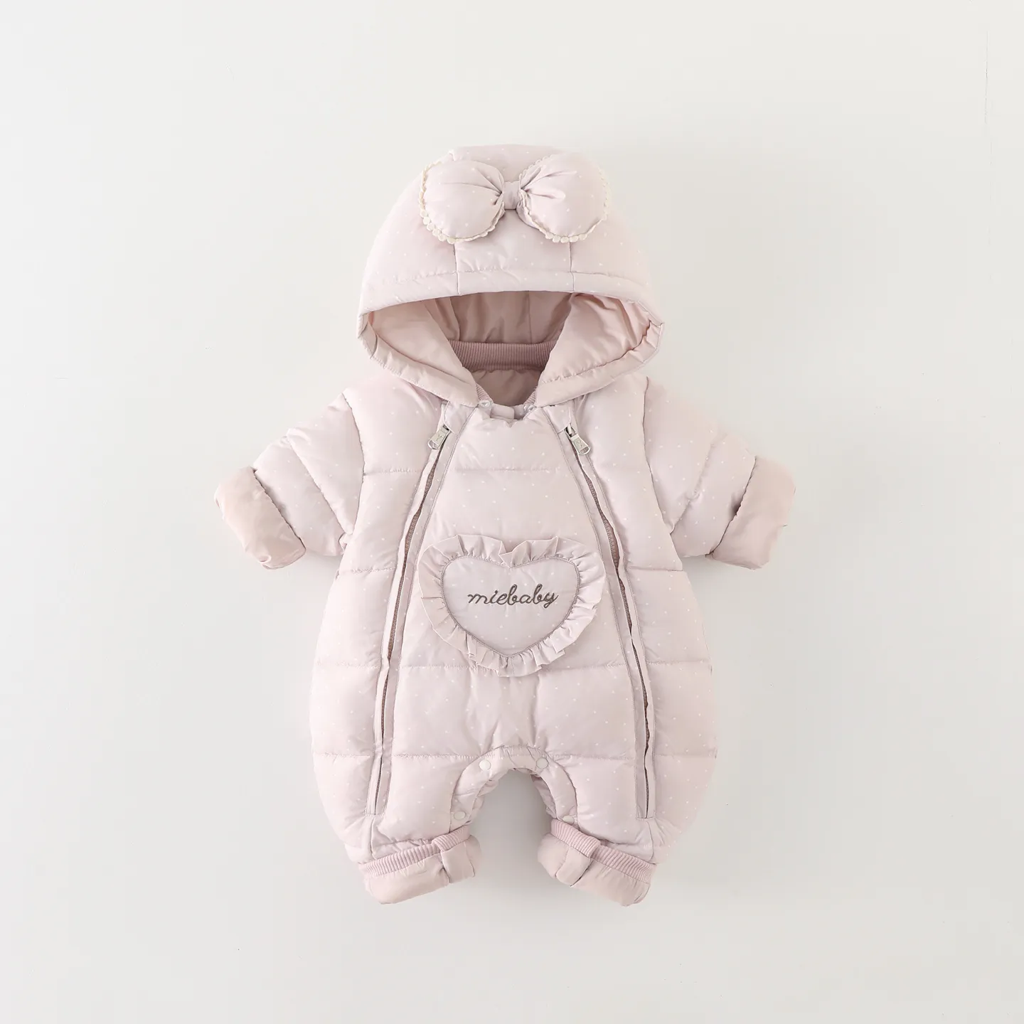 Baby Girls Winter Thick Hooded Romper Warm Polyester Polka Dot Jumpsuit With Bow Heart Embroidery Outdoor Snowsuit