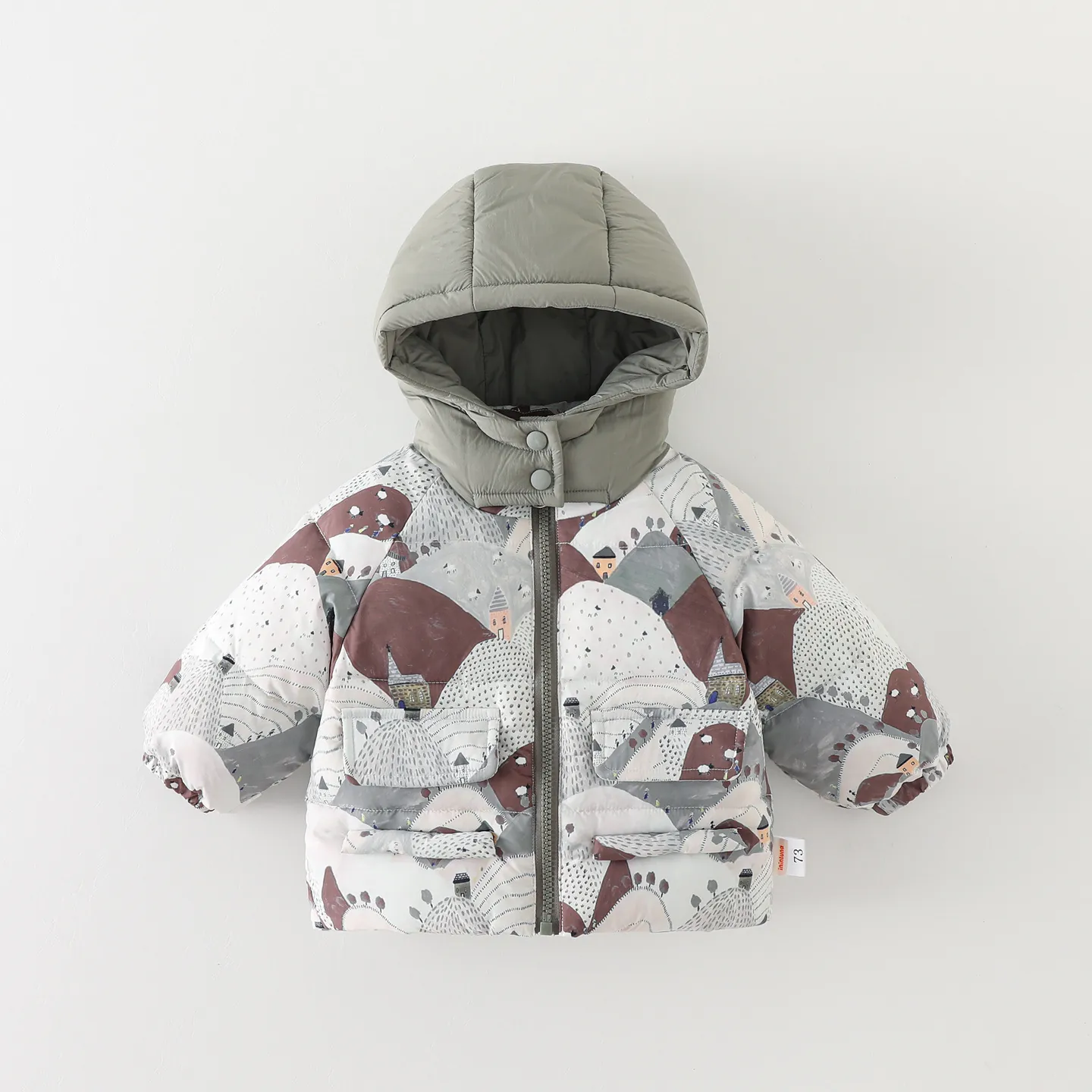 Infant Toddler Winter Padded Coat Hooded Cartoon Landscape Print Warm Jacket Thickened Outwear For Baby Boys
